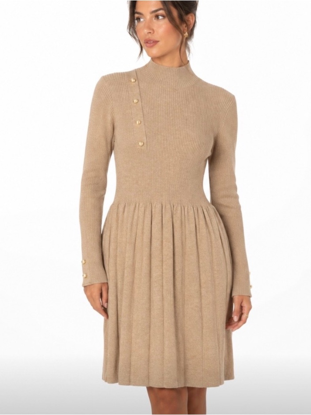 S. Christina 100% Cashmere Mock Ribbed Long Sleeve Tan Dress Button Size S/M